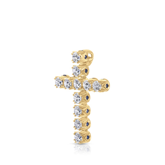 7/4 CTTW Sapphire And Diamond French Pave Cross In 18k Yellow Gold